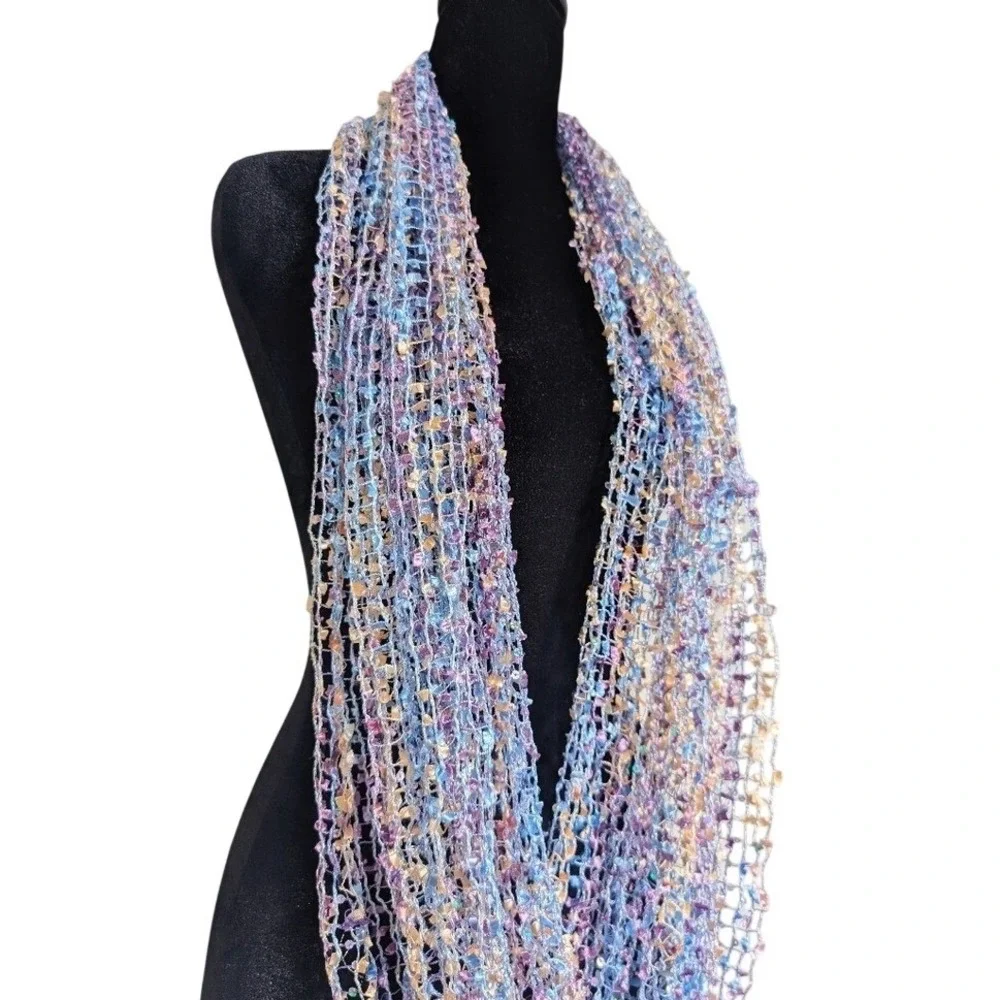Vintage Y2K Whimsy Fairy Multi Pastel Color Shimmer Sequins Net Crochet Scarf